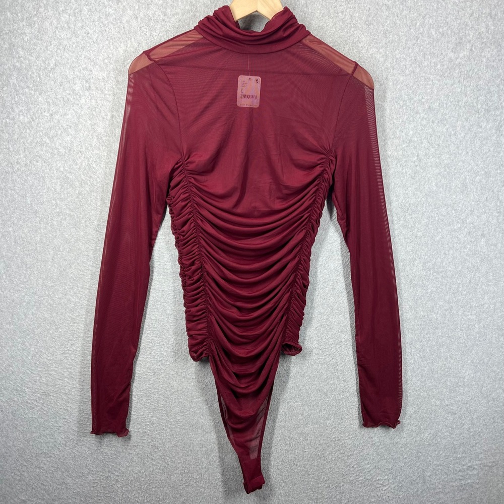 Free People Intimately Wild Garnet Ruched Mesh Bodysuit Women L Red Mockneck NWT